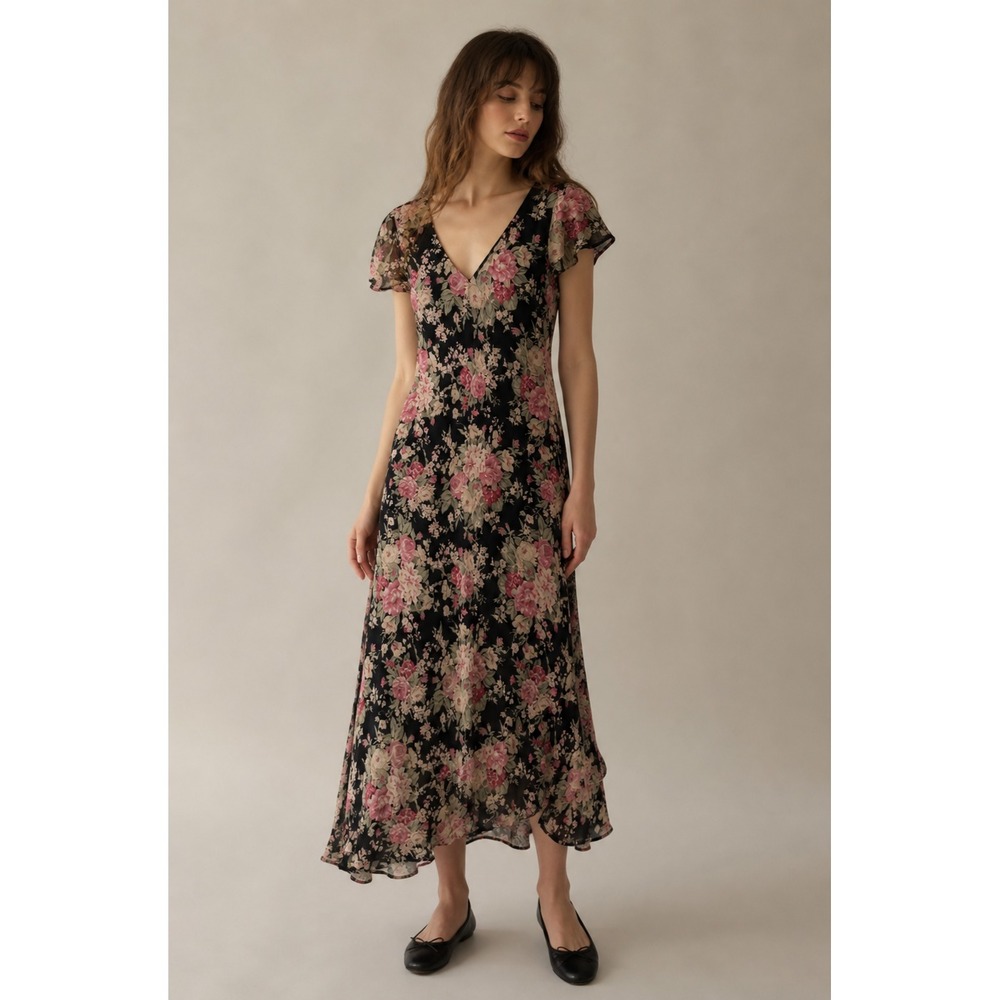 Vintage Positive Attitude Floral Maxi Dress Sz 8 Black Pink Romantic Cottagecore
